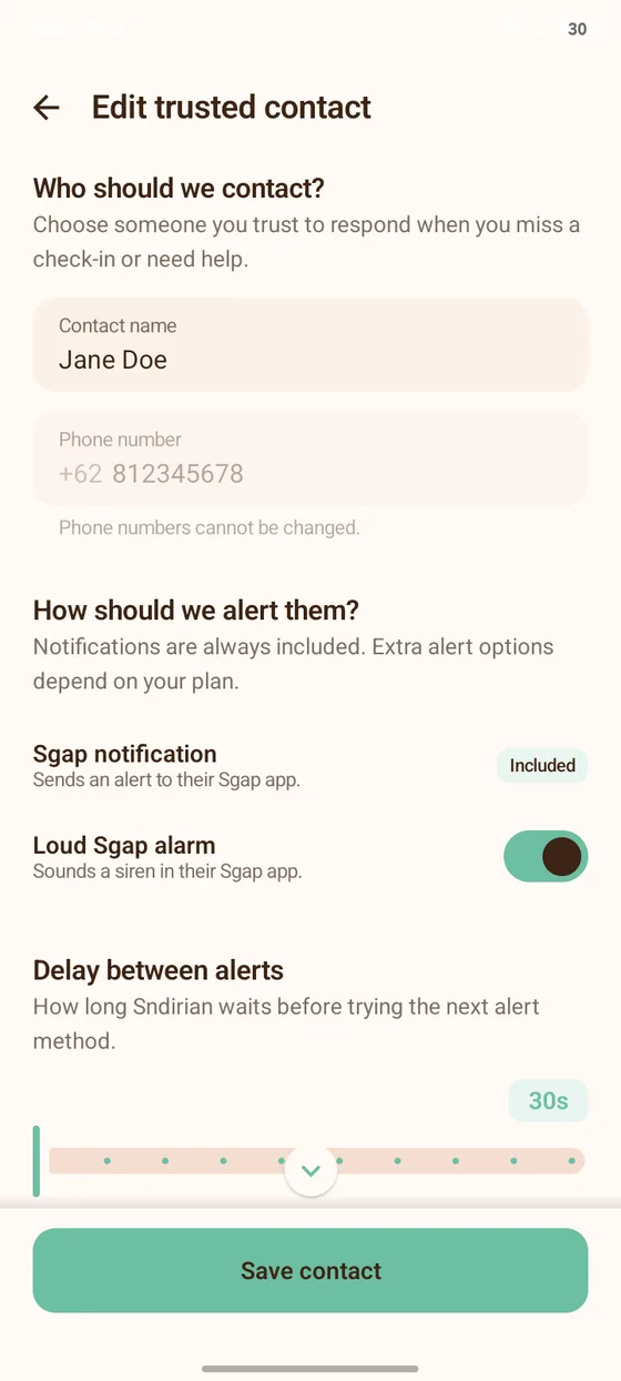 Pengaturan wali di Sndirian dengan pilihan notifikasi Sgap dan alarm keras