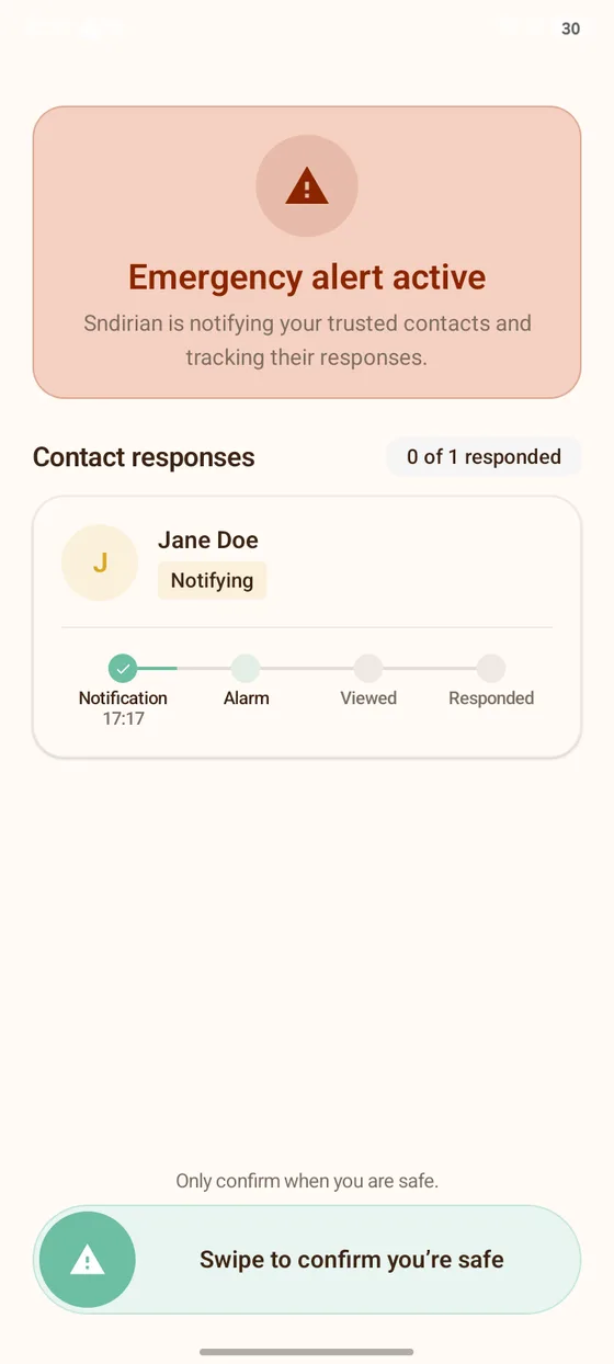 Layar darurat Sndirian menampilkan status respons setiap wali yang dihubungi